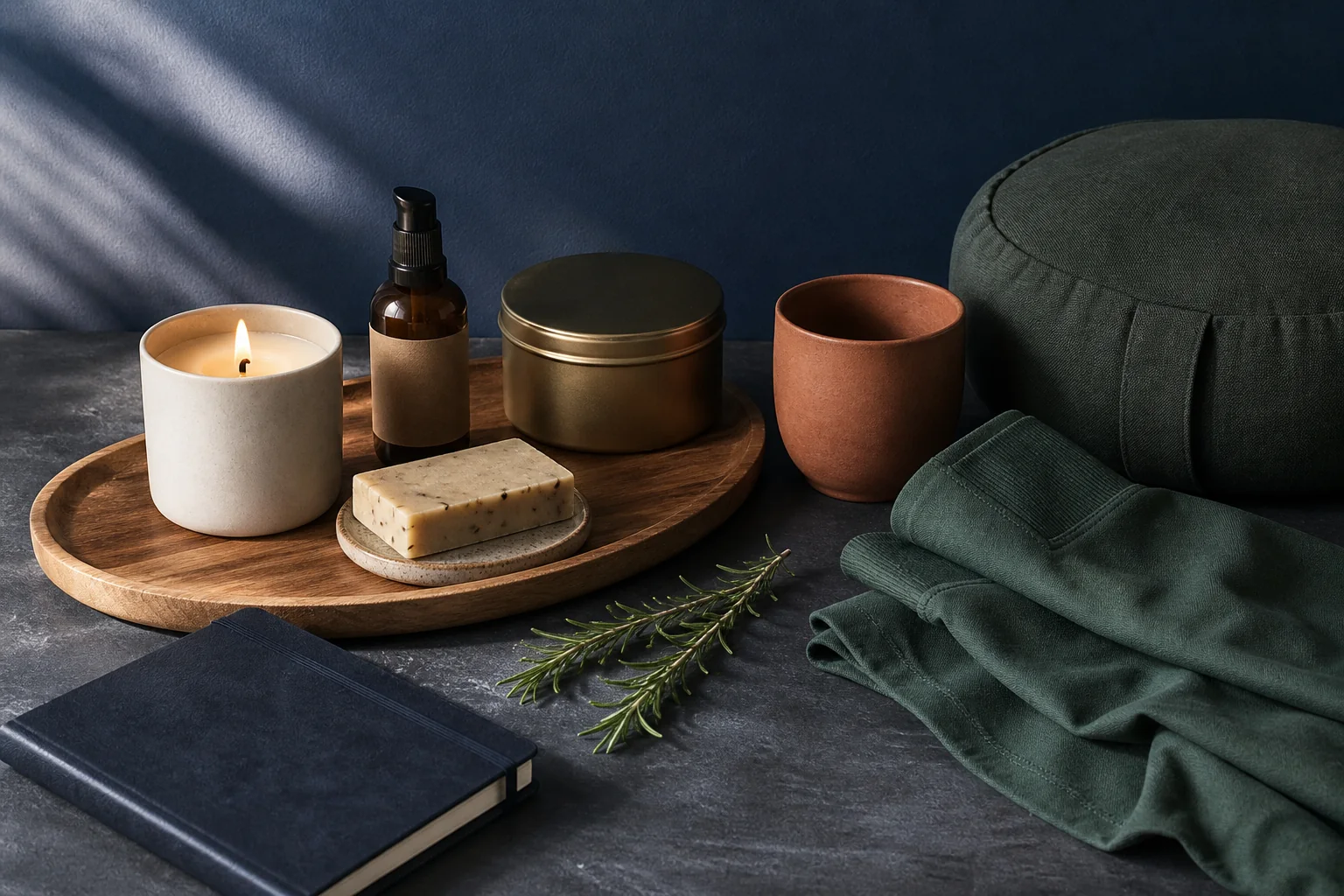 Concept still life of a candle, personal-care bottle, journal, ceramic cup, fitness accessories, and botanical sprig