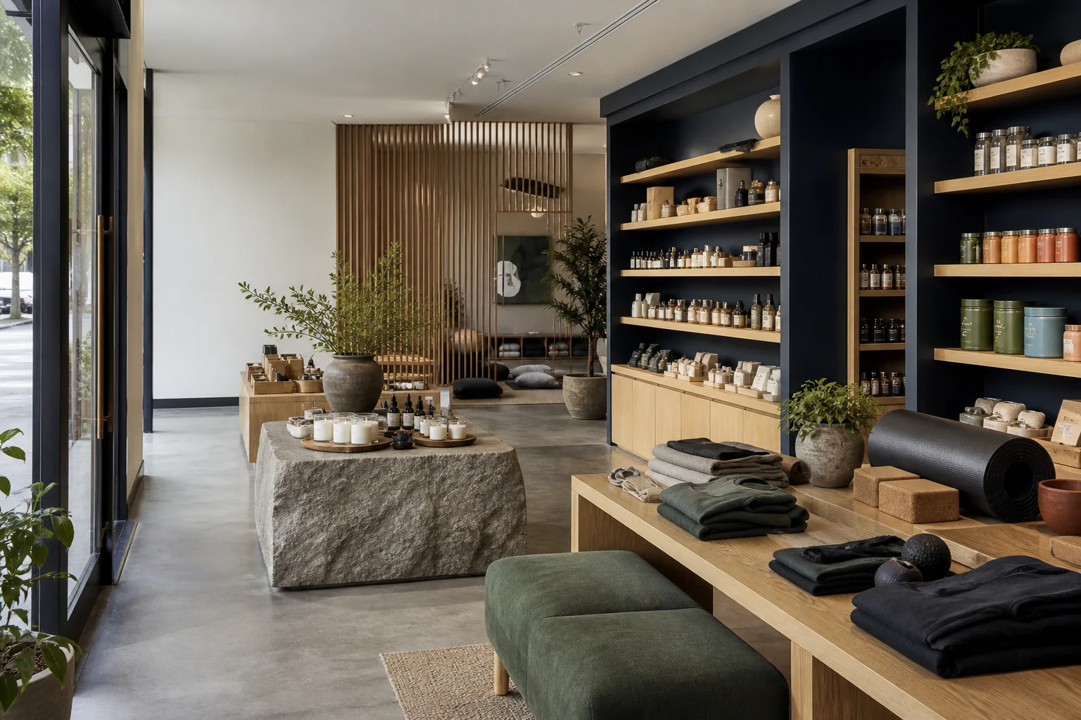 Concept visualization showing uncluttered displays, natural materials, planted accents, and a flexible studio area